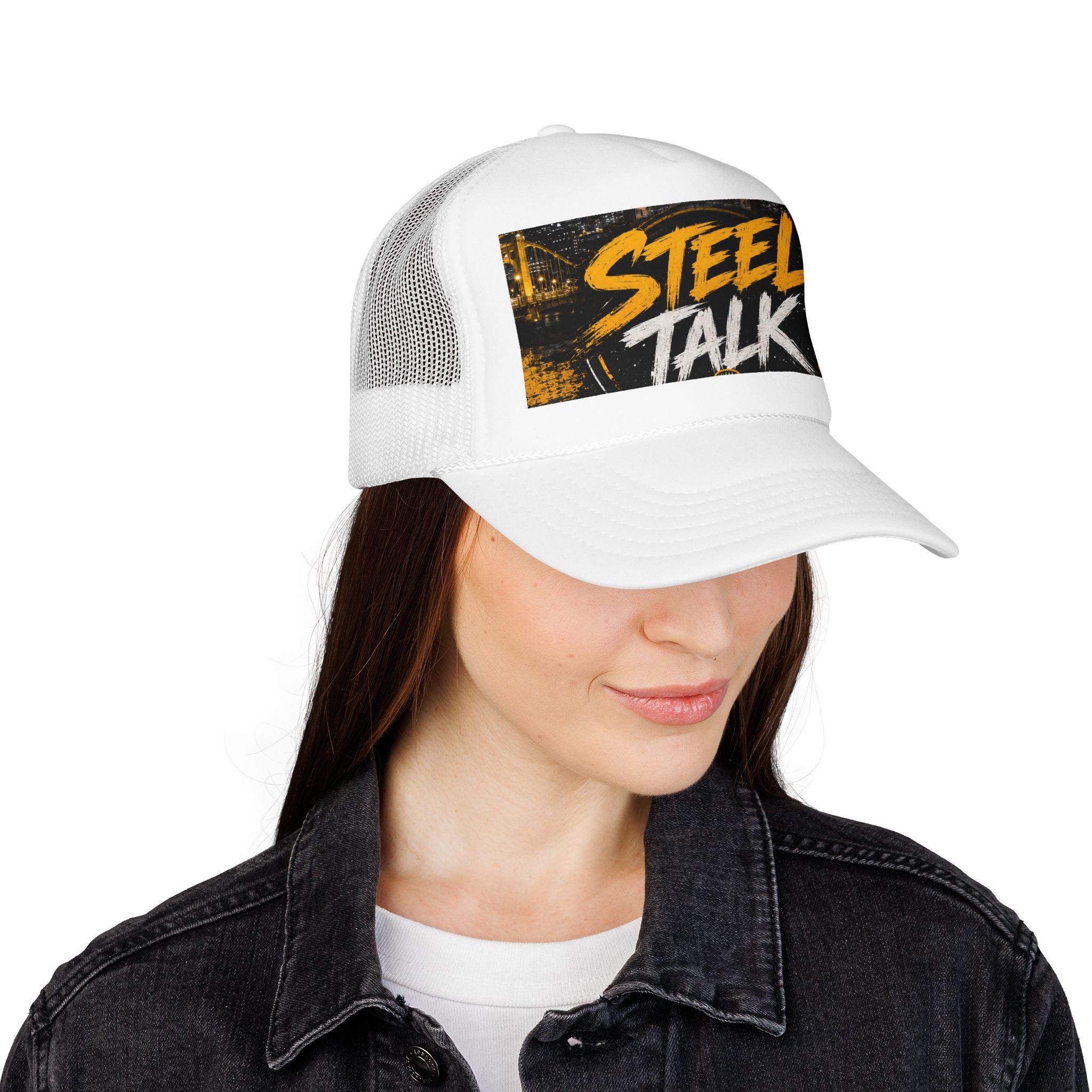 Steel Talk Trucker Hat – Bold Yellow Script Mesh Cap
