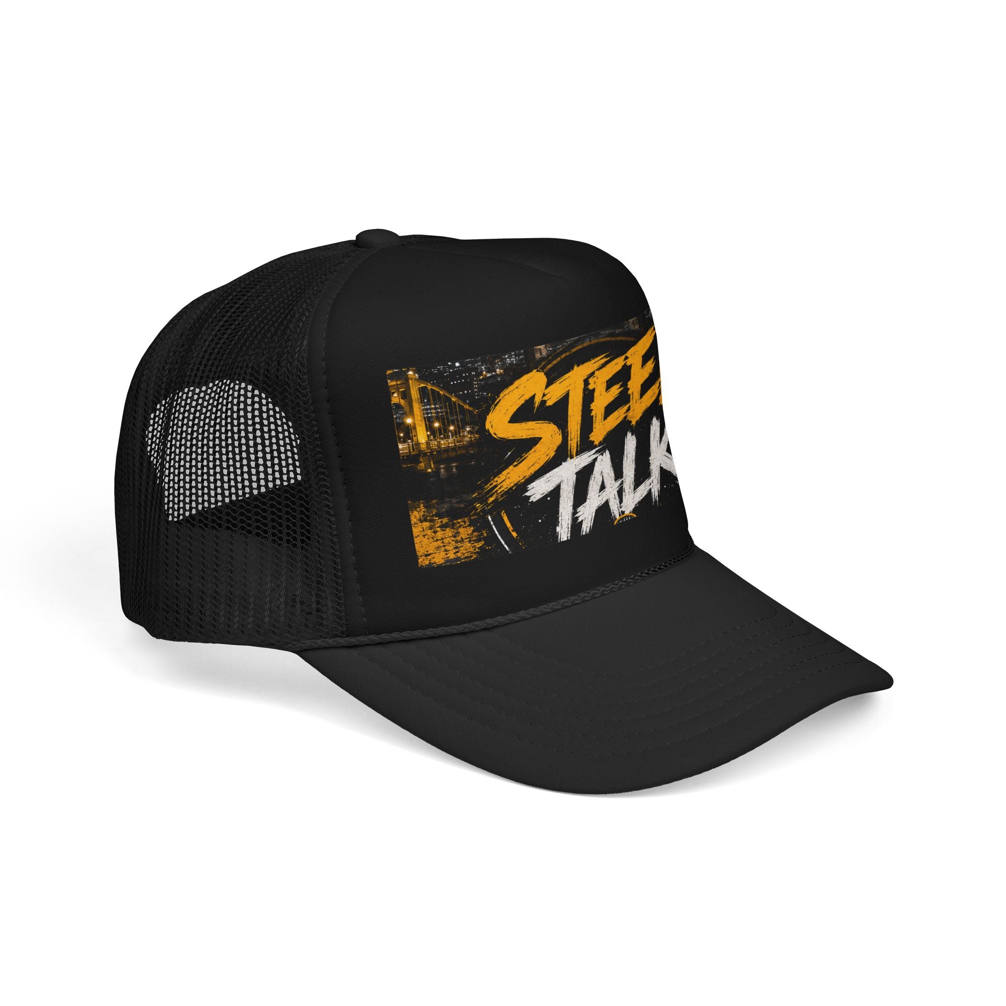 Steel Talk Trucker Hat – Bold Yellow Script Mesh Cap