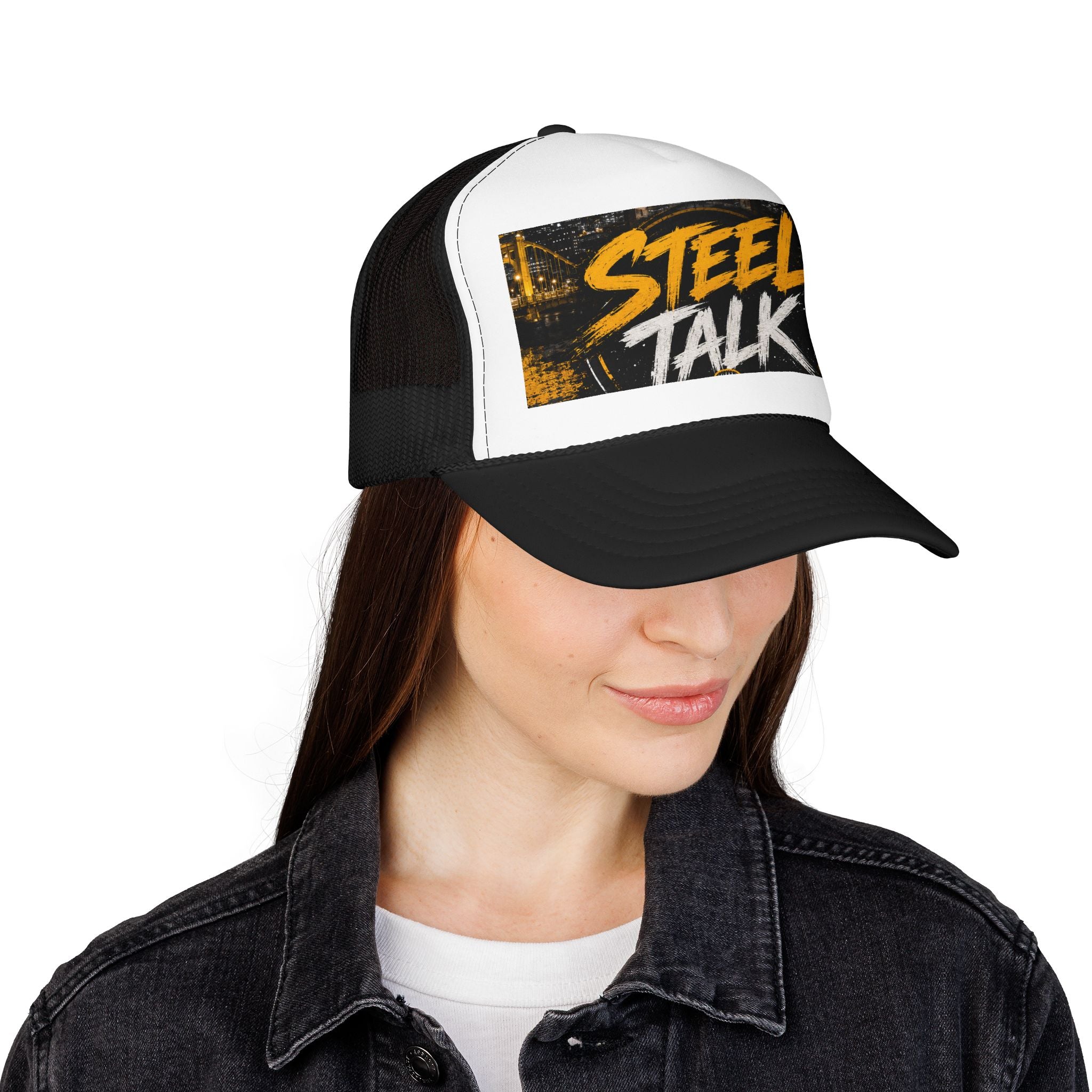 Steel Talk Trucker Hat – Bold Yellow Script Mesh Cap