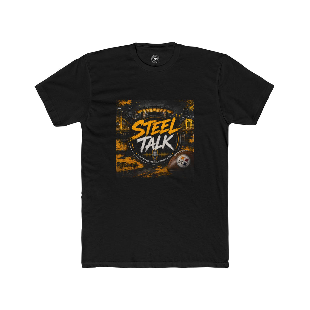 Steel Talk Graphic Tee — Bold Black & Gold Sports Podcast Shirt