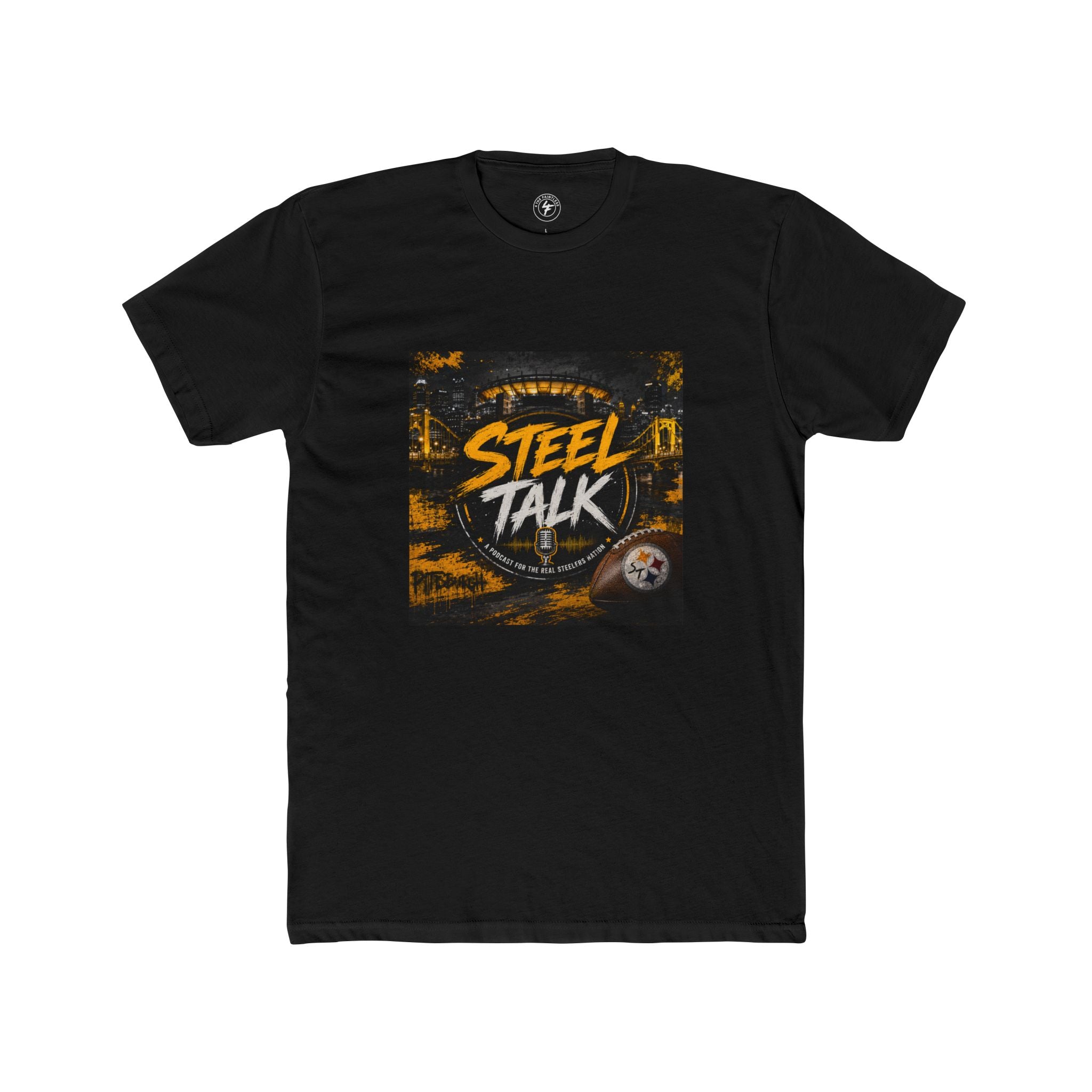 Steel Talk Graphic Tee — Bold Black & Gold Sports Podcast Shirt