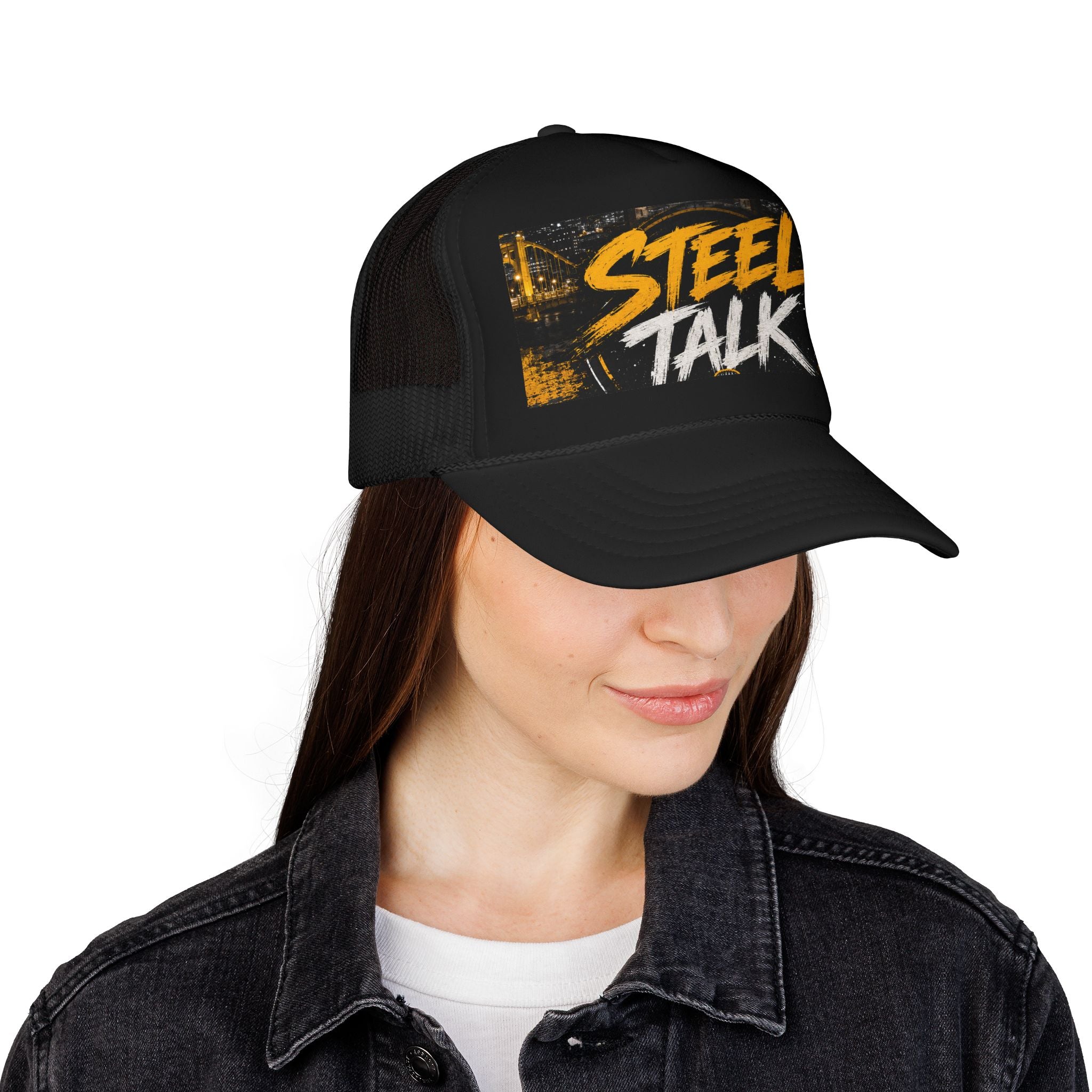 Steel Talk Trucker Hat – Bold Yellow Script Mesh Cap