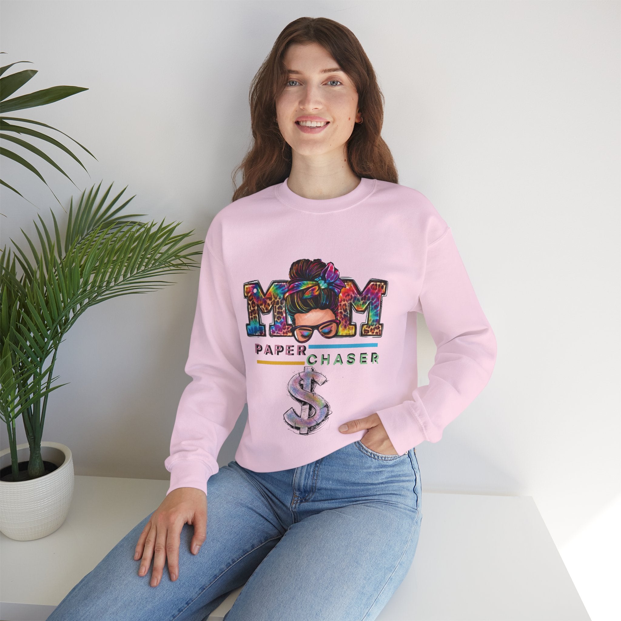 Mom Paper Chaser Sweatshirt — Graphic Crewneck for Hustling Moms
