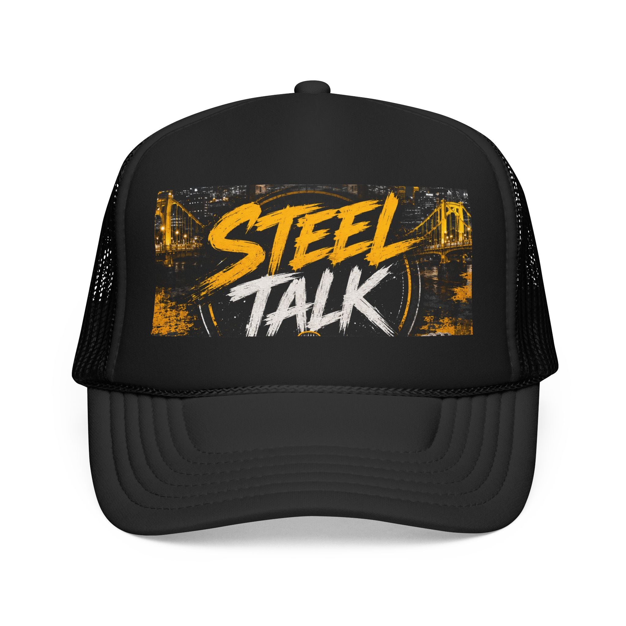 Steel Talk Trucker Hat – Bold Yellow Script Mesh Cap