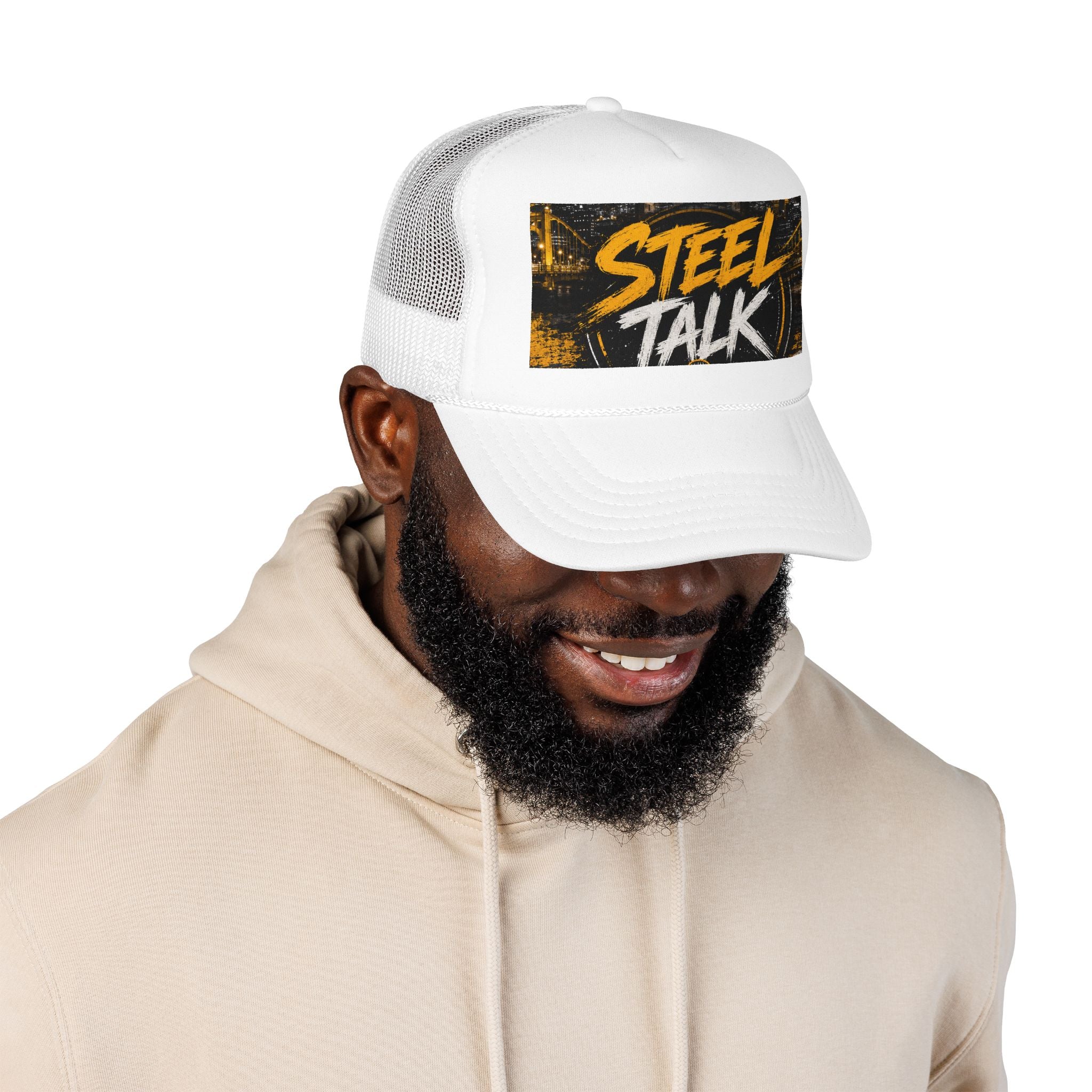 Steel Talk Trucker Hat – Bold Yellow Script Mesh Cap