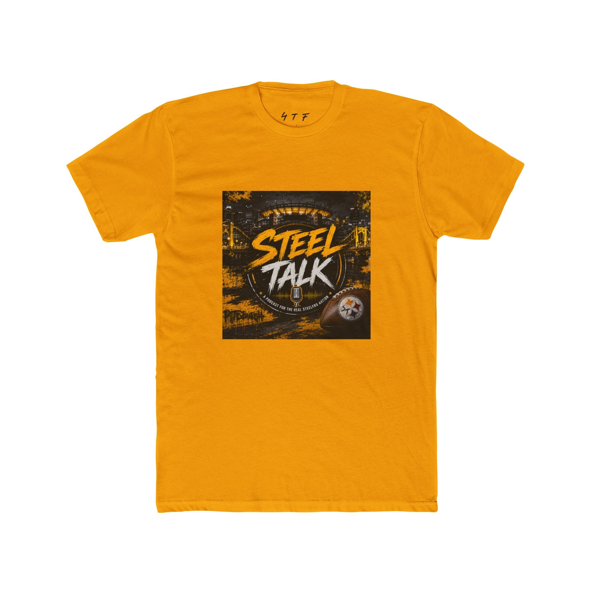 Steel Talk Graphic Tee — Bold Black & Gold Sports Podcast Shirt