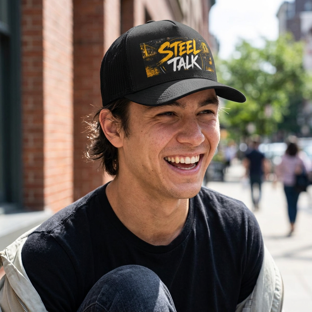 Steel Talk Trucker Hat – Bold Yellow Script Mesh Cap