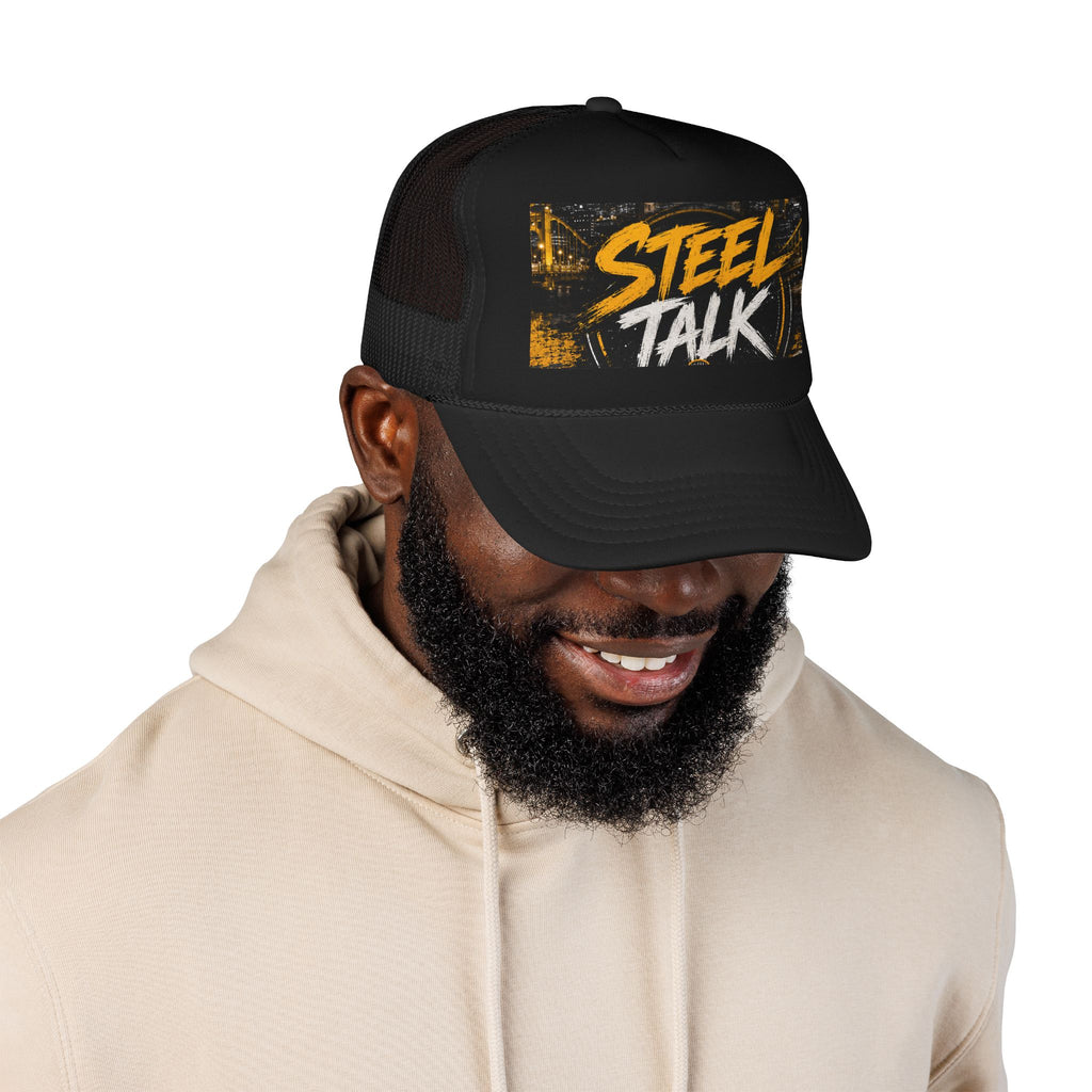 Steel Talk Trucker Hat – Bold Yellow Script Mesh Cap