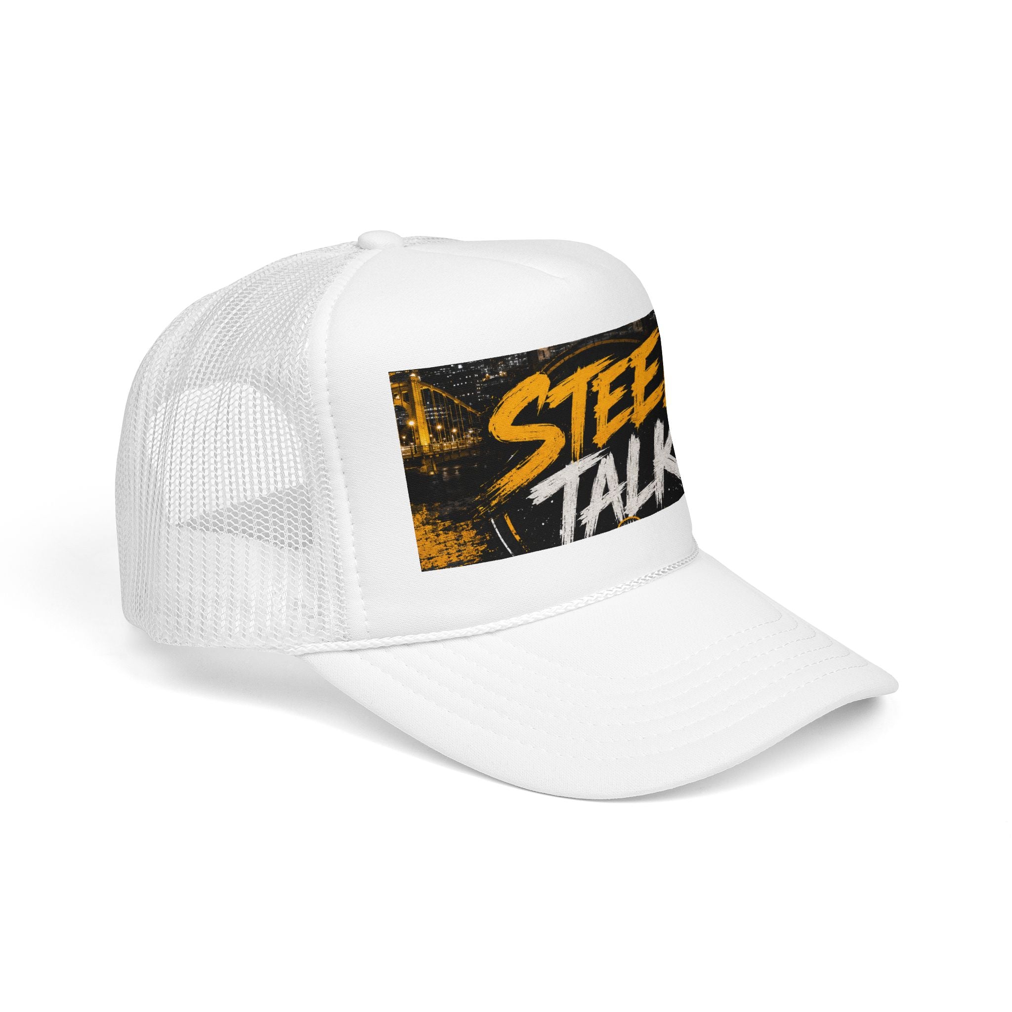 Steel Talk Trucker Hat – Bold Yellow Script Mesh Cap