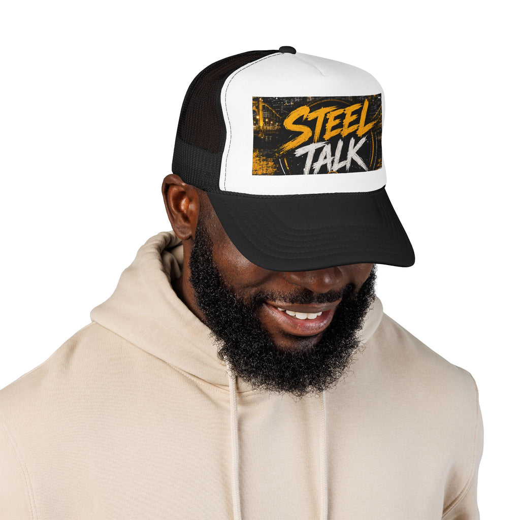 Steel Talk Trucker Hat – Bold Yellow Script Mesh Cap