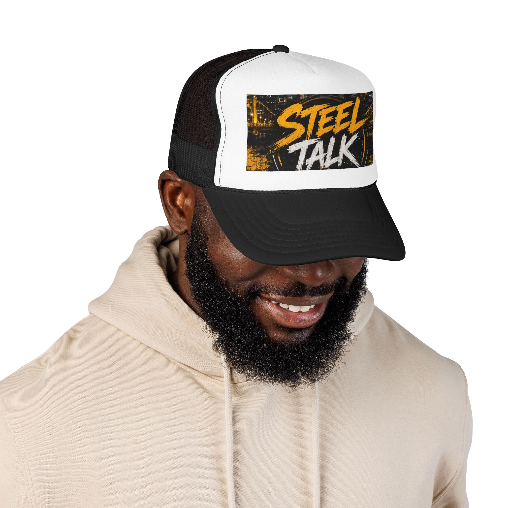 Steel Talk Trucker Hat – Bold Yellow Script Mesh Cap