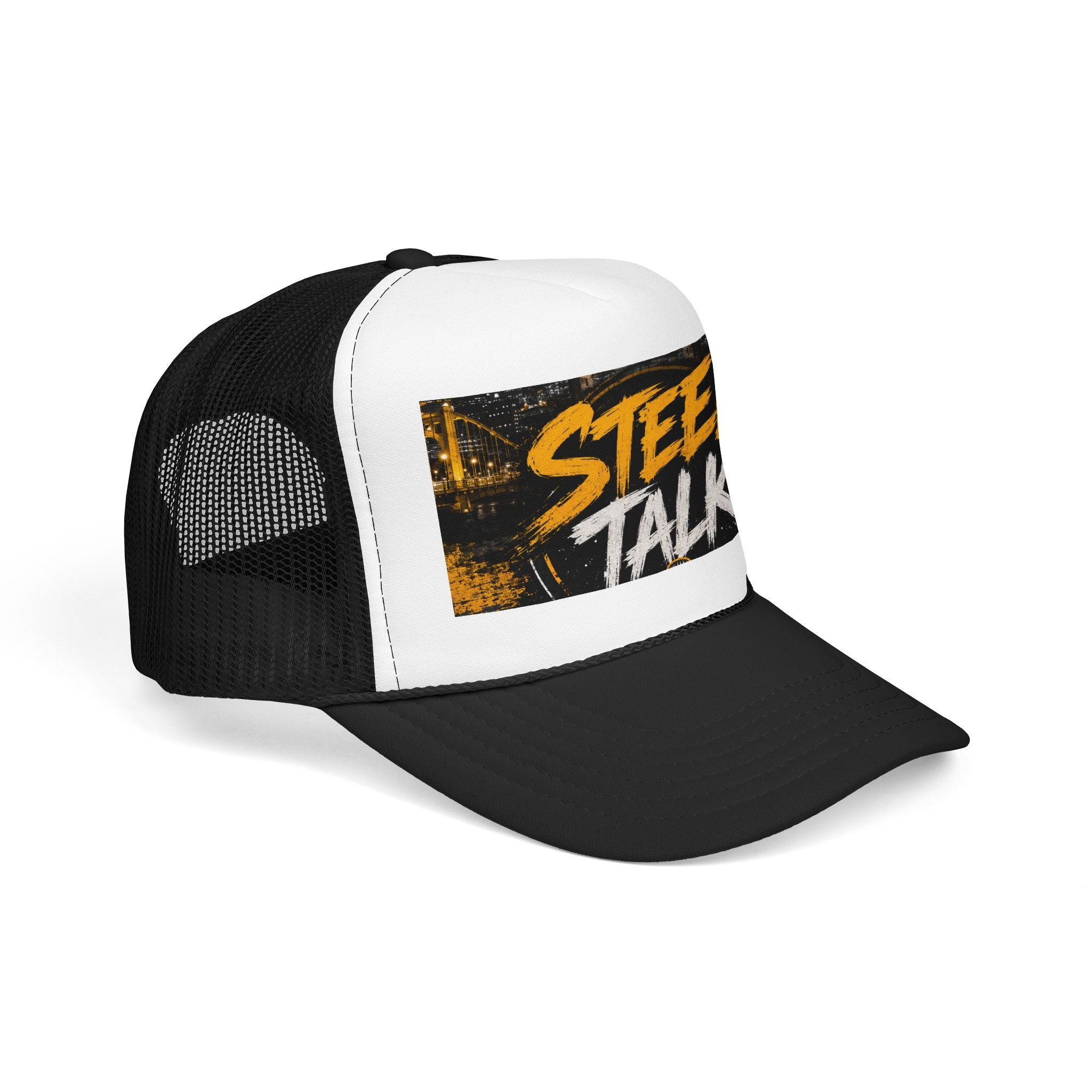Steel Talk Trucker Hat – Bold Yellow Script Mesh Cap